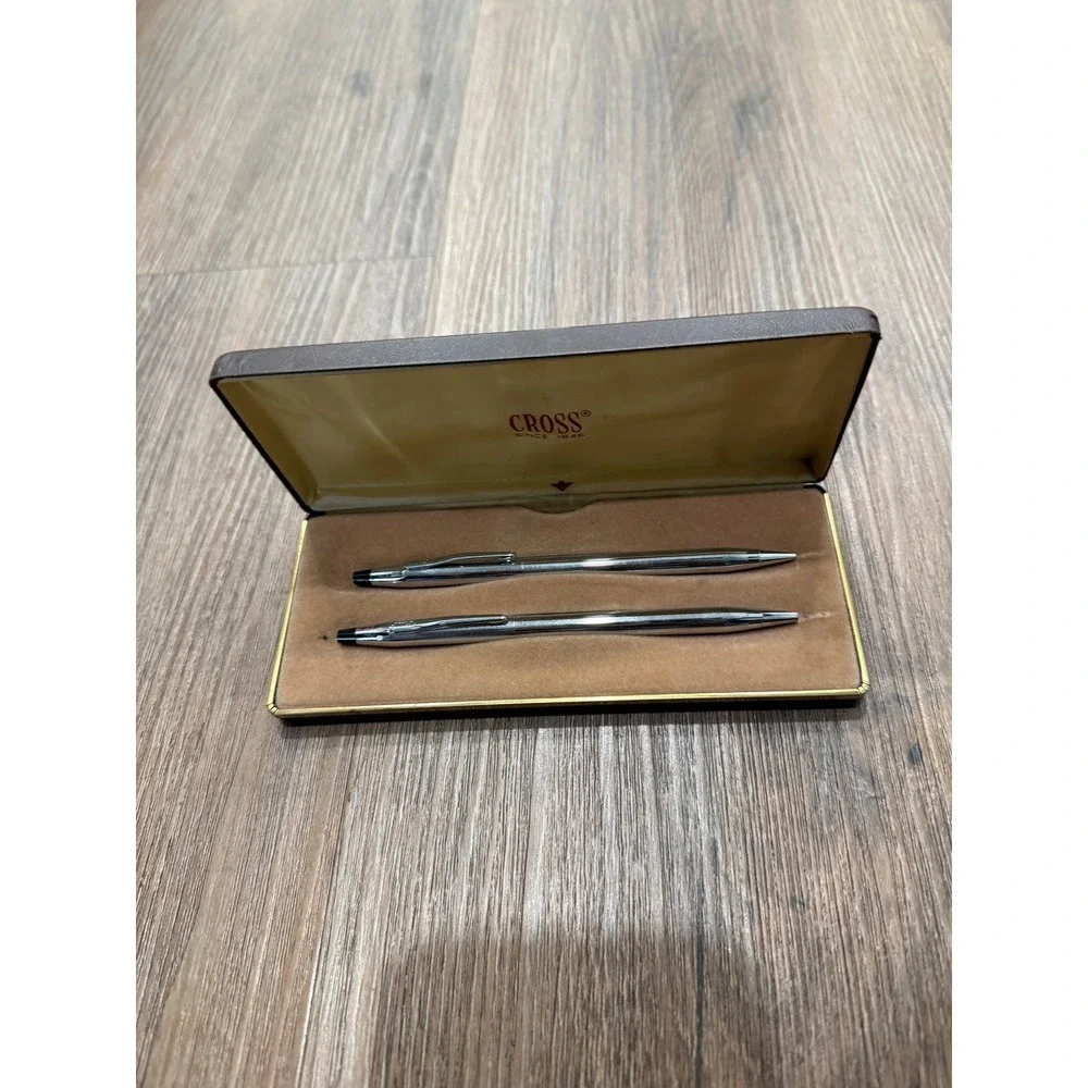 Vintage Cross Chrome Pen and Pencil Set with Original Brown Presentation Case